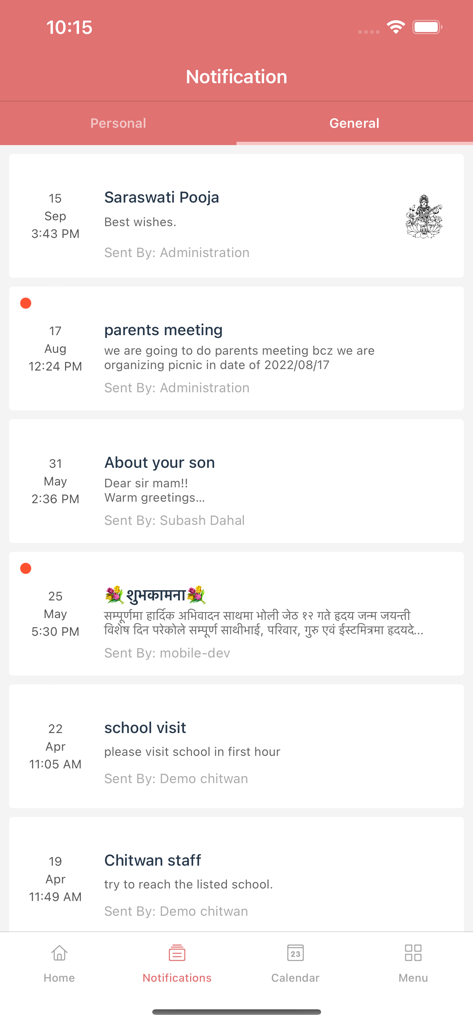 Veda - Students App - A list of school notifications including event reminders and parent-teacher communications in the Veda app.