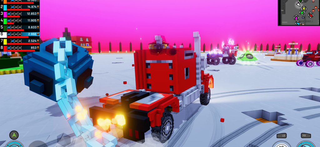 Carnage: Battle Arena - A red voxel semi truck with a blue glowing wrecking ball in a car combat arena
