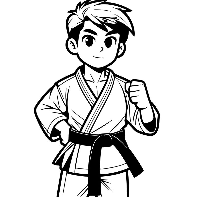 karate instructor wearing a karate gi%2c standing in a fighting stance with a black belt tied around their waist.