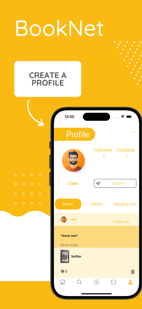 BookNet - Mobile app interface of BookNet showing a user profile with follower counts, a location field, and a social feed post about a book.