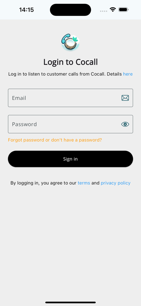 Cocall - Pantalla de inicio de sesión de la aplicación Cocall para agentes de servicio al cliente que muestra los campos de entrada de correo electrónico y contraseña