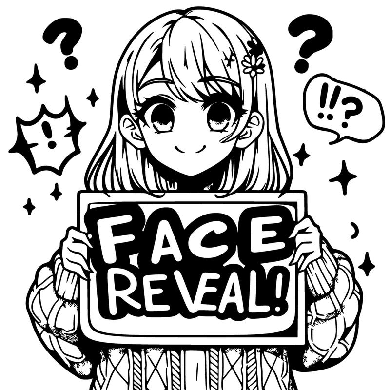 manga girl holding a sign that say face reveal?