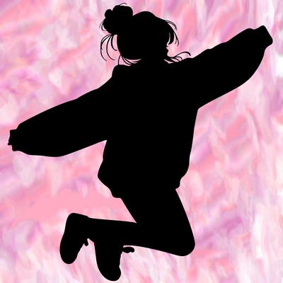 realistic girl jumping with a bun and oversized sweatshirt