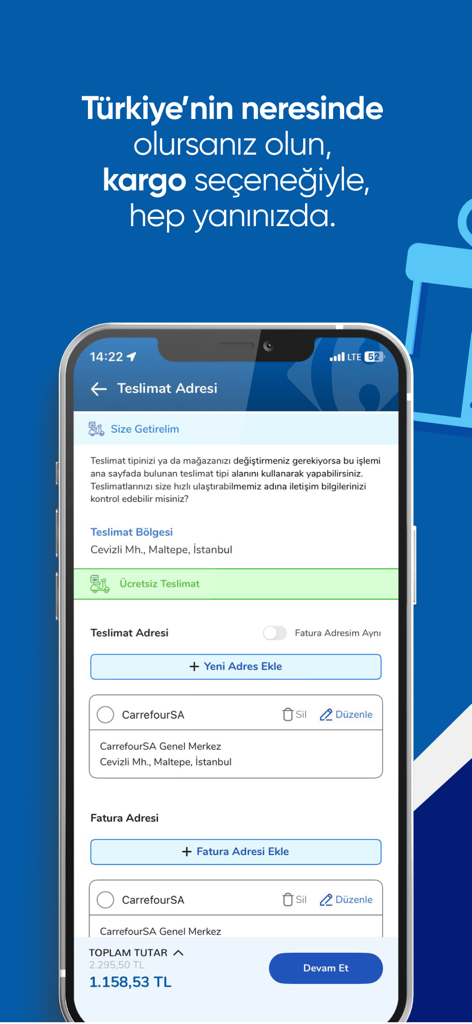 CarrefourSA Online Alışveriş - CarrefourSA app delivery address selection screen showing options for grocery delivery and region selection in Turkey