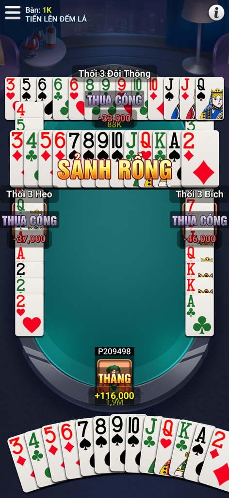 Tiến Lên Offline - Phỏm, Tá Lả - Una mano ganadora en el juego de cartas vietnamita Tien Len Offline con un dragón recto