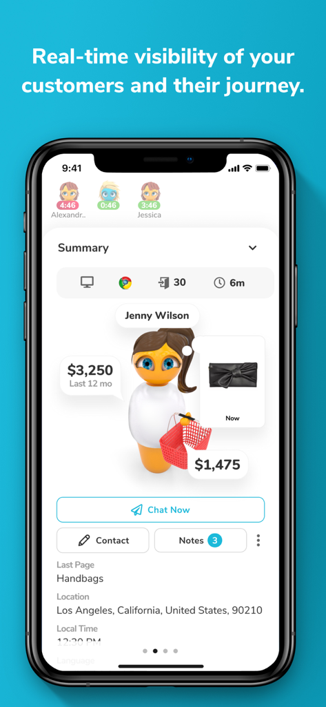 INSIDE Store - 판매 직원을 위한 실시간 고객 여정 및 구매 내역을 보여주는 INSIDE Store 앱의 스마트폰 인터페이스