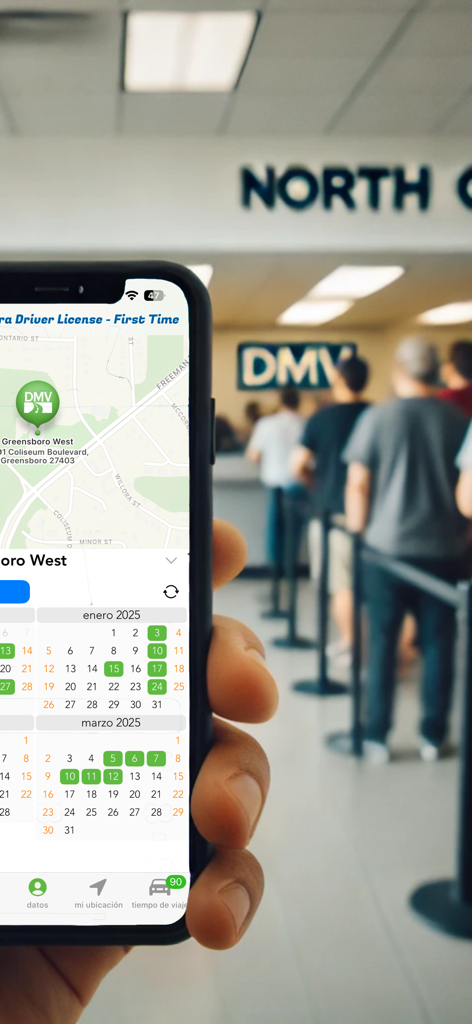 Pantalla de iPhone mostrando el calendario de la aplicación Cita DMV NC con citas disponibles para la oficina de Greensboro y un fondo borroso de personas esperando en fila en un DMV.