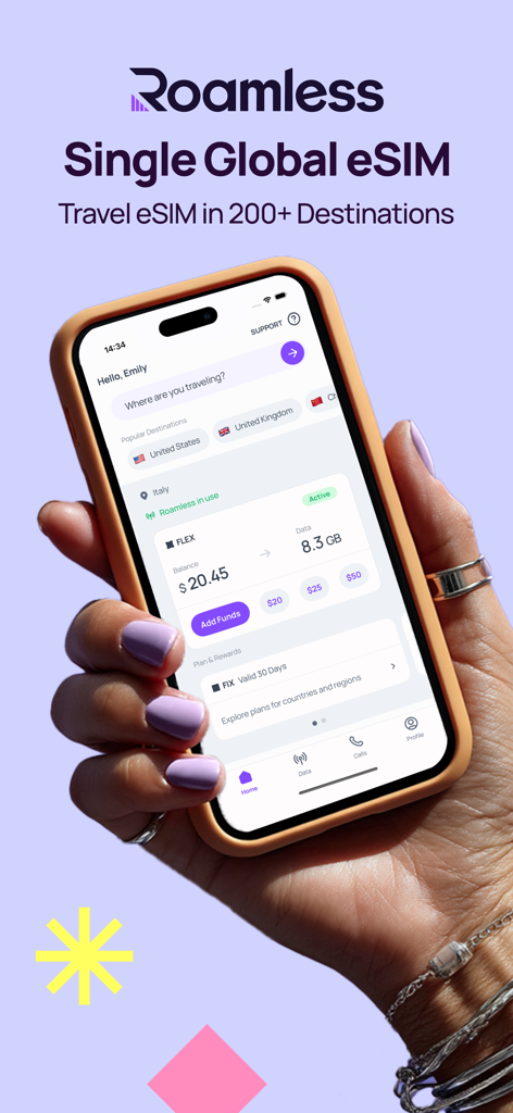 Roamless: eSIM Travel Internet - 글로벌 여행 eSIM 관리를 위한 Roamless 앱 인터페이스를 보여주는 스마트폰.