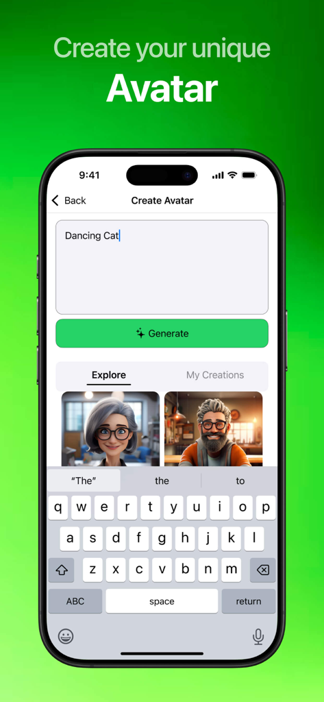 Interfaz de Mensajero Doble para WhatsApp que muestra la función de creación de avatar con una entrada de prompt de IA y ejemplos de imágenes de perfil generadas