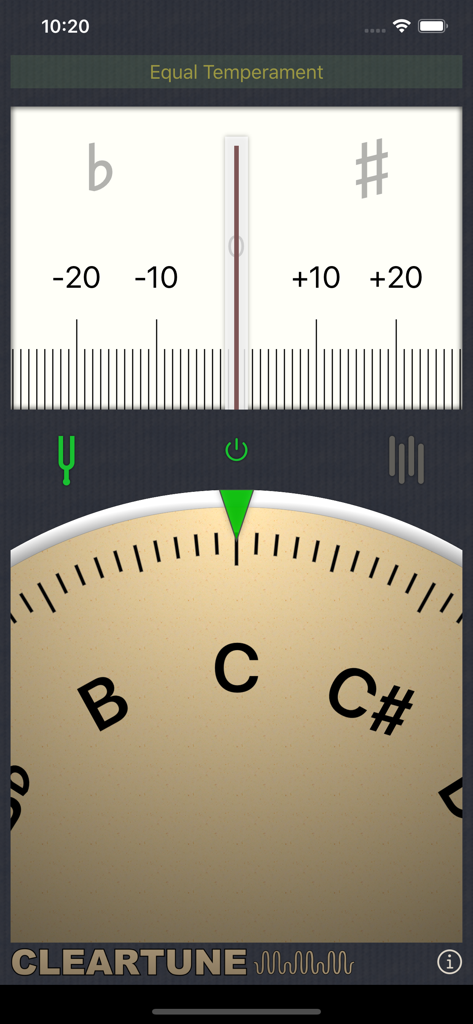 Cleartune app interface featuring a note wheel and precision tuning meter