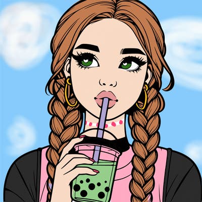 realistic girl with braided hair drinking boba