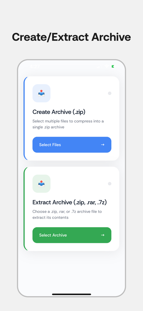Unzip Fast - ZIP RAR 7Z - Interfaz de la aplicación Unzip Fast mostrando opciones para crear archivos zip y extraer archivos rar y 7z