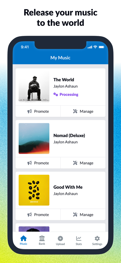 DistroKid - DistroKid mobile app interface showing an artist music catalog with options to promote and manage tracks