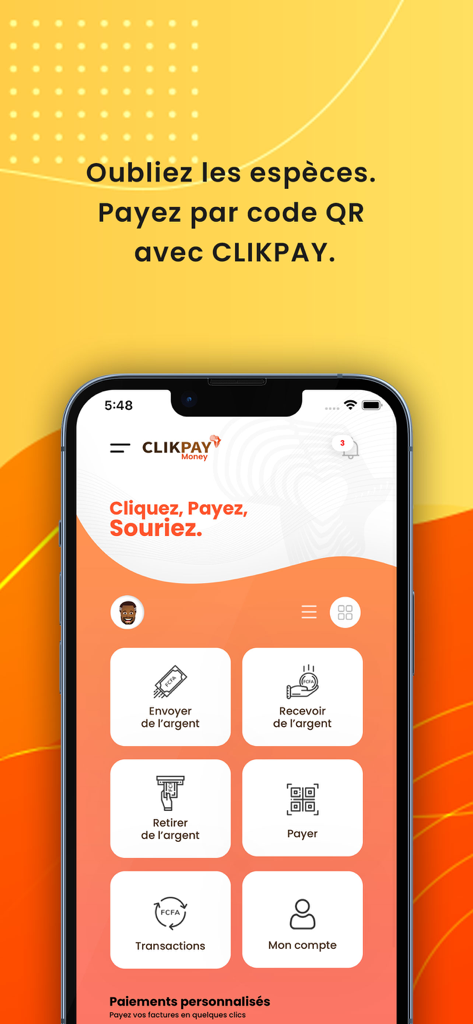Interface de l'application mobile CLIKPAY Money montrant les options pour envoyer, recevoir, retirer et payer par code QR