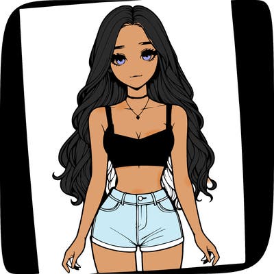 a realistic girl with long hair and in a crop top and shprts