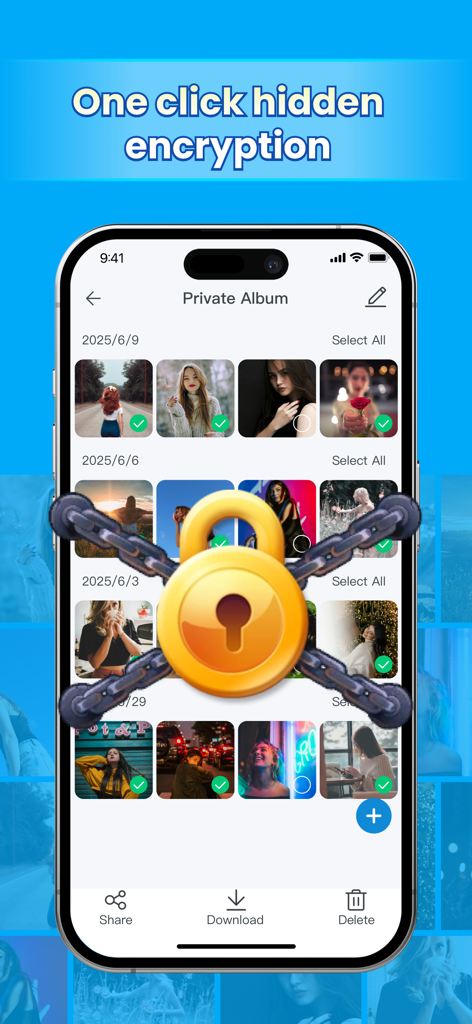 iMoveGo - Change location - iMoveGo app interface displaying a private photo album with a large golden padlock for secure encryption