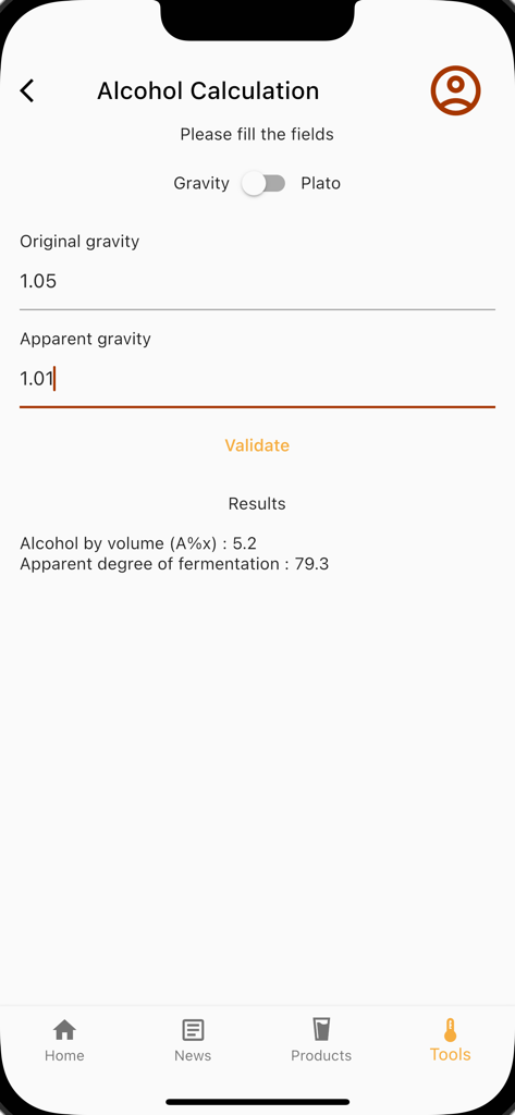 Fermentis - Interface de calcul d'alcool dans l'application Fermentis montrant les résultats d'ABV