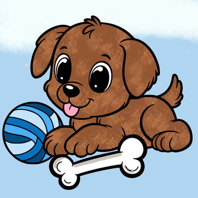 puppy playing with a bone & a ball