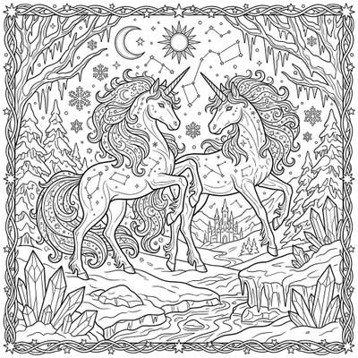 Discover the enchanting beauty of celestial unicorns amidst a magical winter wonderland. This captivating coloring page invites you to bring starlit creatures and snowy scenes to life with your favorite colors.