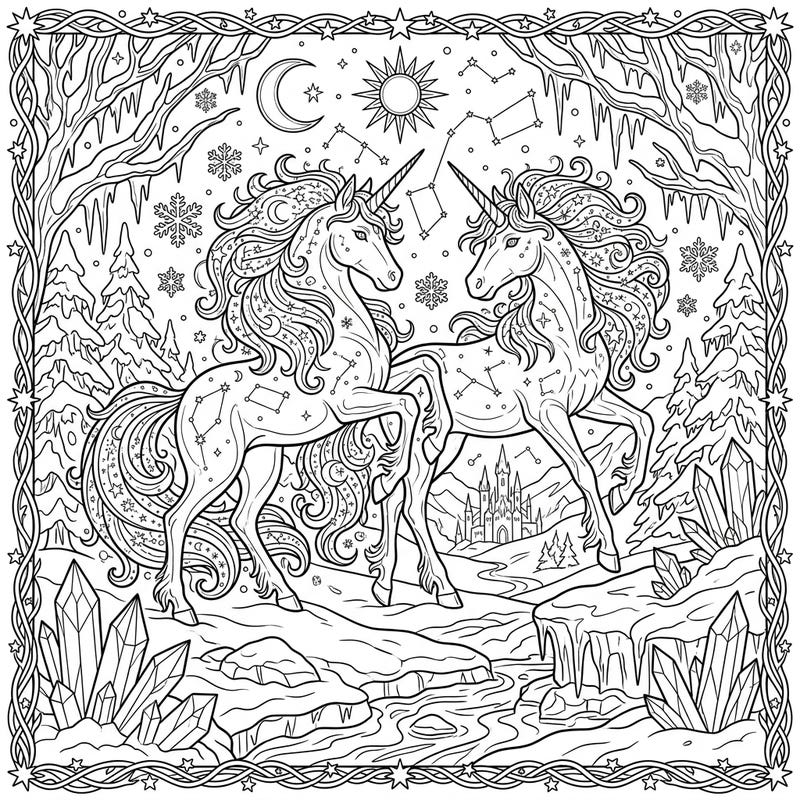 Discover the enchanting beauty of celestial unicorns amidst a magical winter wonderland. This captivating coloring page invites you to bring starlit creatures and snowy scenes to life with your favorite colors.