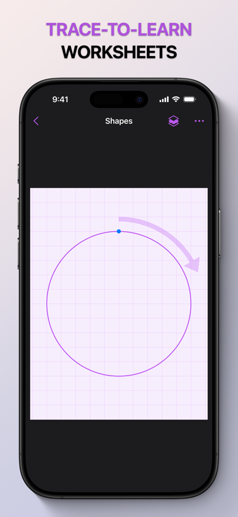 Interfaccia dell'app di pratica di scrittura che mostra un esercizio di tracciamento del cerchio su sfondo a griglia.