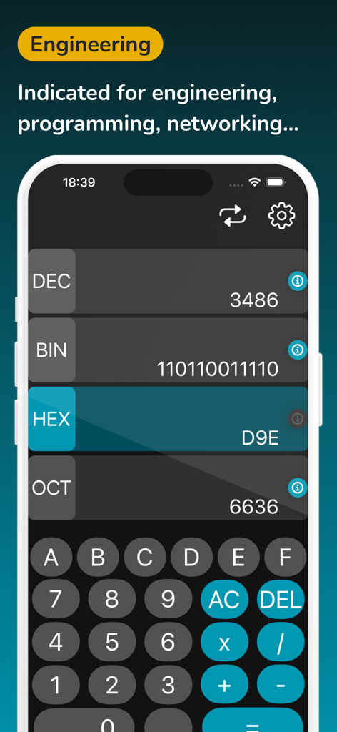 Converter Binary Calculator - Interfaz de una aplicación calculadora binaria y hexadecimal diseñada para tareas de ingeniería y programación que muestra varias conversiones de base numérica