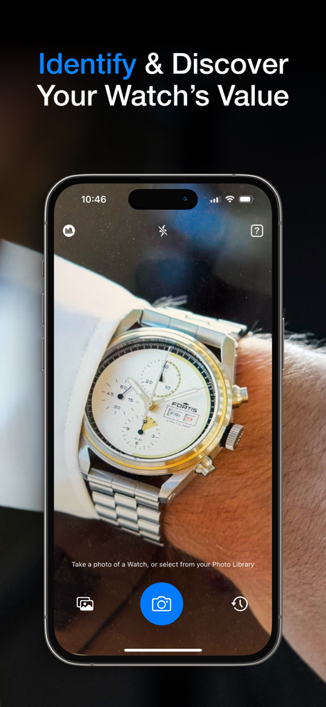Watch ID - Identify & Value - Watch ID app interface scanning a luxury watch for valuation and identification
