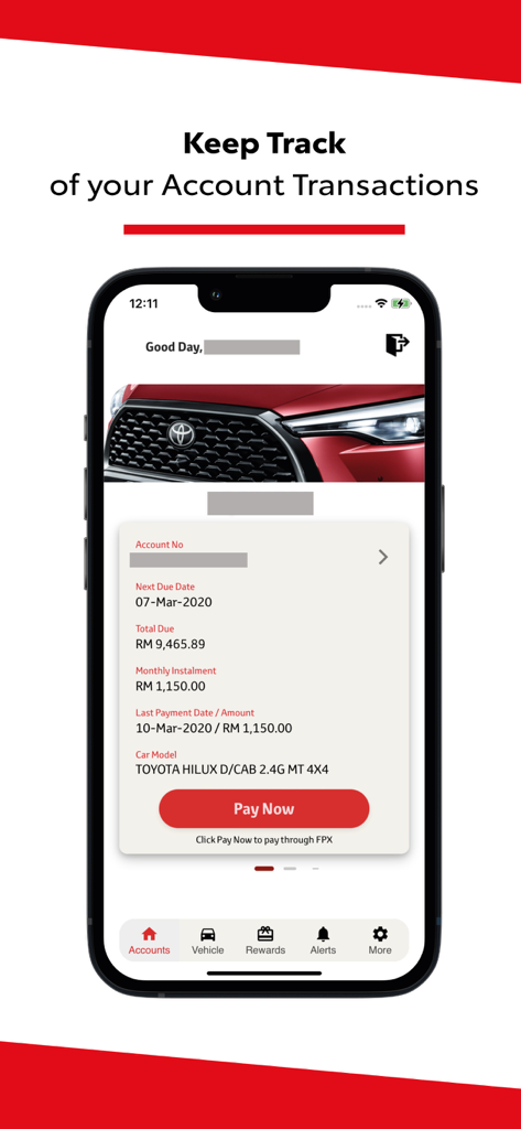 Toyota Capital EZ Connect app interface showing vehicle loan account summary and payment options