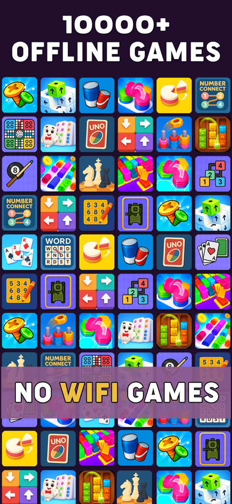 A colorful grid of various offline mini game icons including puzzles cards and logic challenges