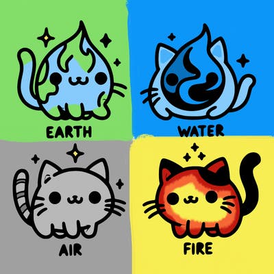 4 cats that represent the different elements, earth, water, air, and fire
