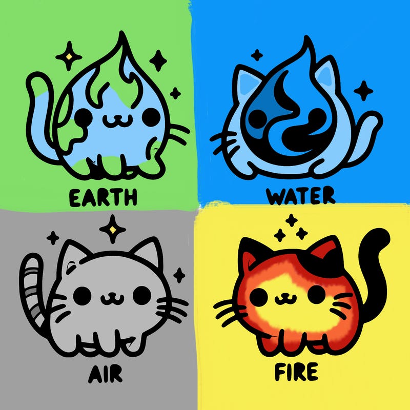 4 cats that represent the different elements, earth, water, air, and fire