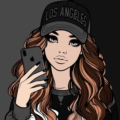 realistic beautiful girl wearing los ángeles cap holding an iphone
