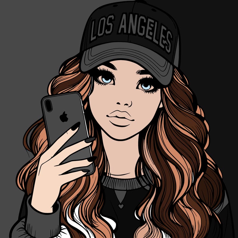 realistic beautiful girl wearing los ángeles cap holding an iphone