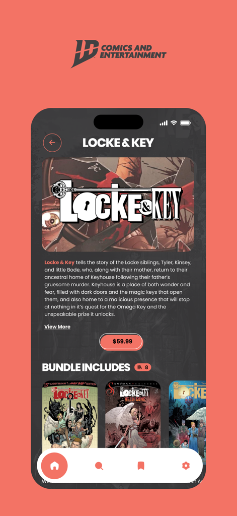 IDW Digital Comics Experience - IDW app screenshot showing the Locke and Key digital comic bundle details and purchase price