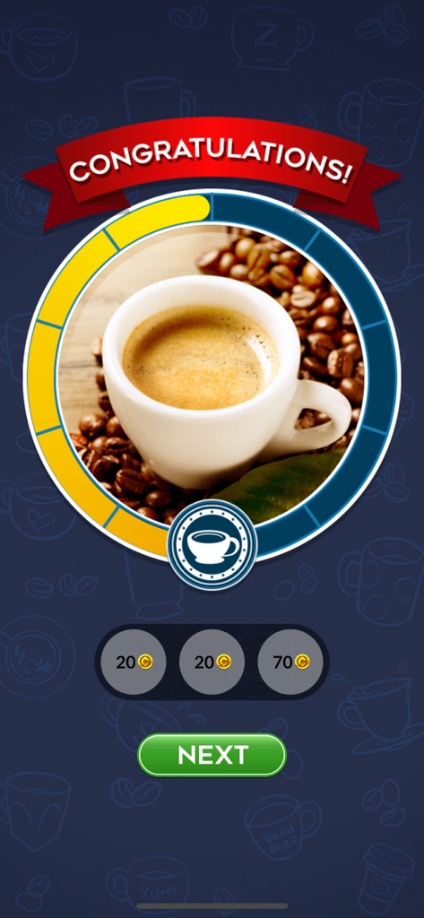 Word Mocha! - Congratulations screen in Word Mocha showing an espresso cup and coin rewards