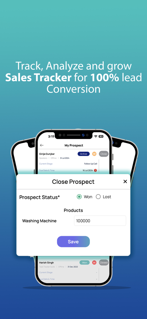 Sales-Tracker - A mobile interface for the Sales Tracker app showing a Close Prospect window to mark a lead status as won or lost with product details.