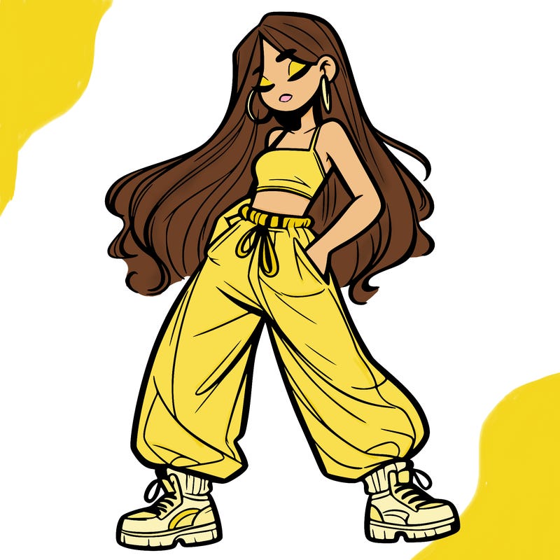 girl in baggy pants crop top and long hair