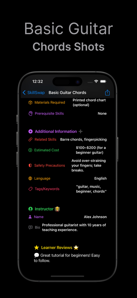 Black CirkleAI Pro - Mobile app screen showing details for a basic guitar chords skill guide including materials instructor info and reviews