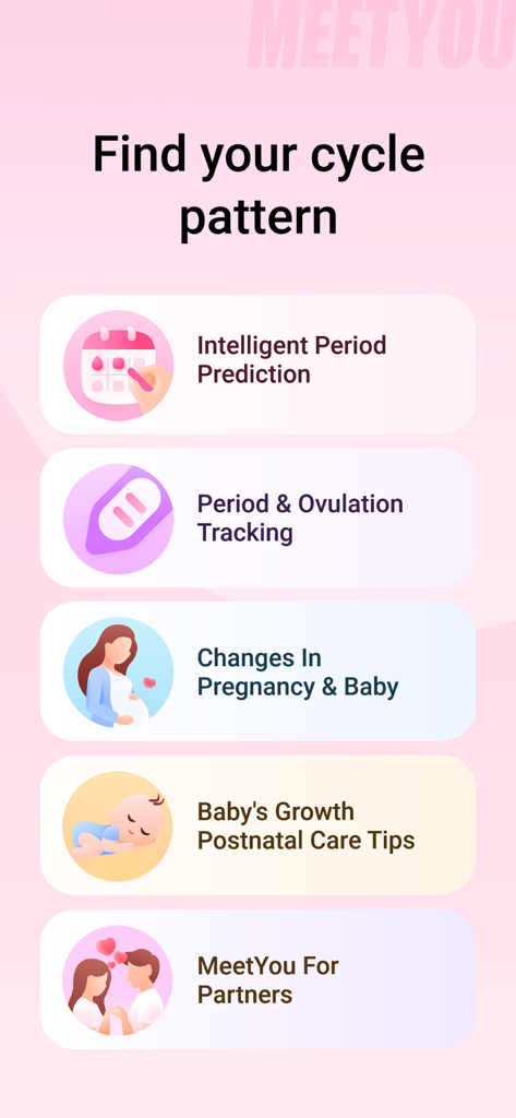 Descripción general de las funciones de la aplicación MeetYou para predicción de período, seguimiento de embarazo y consejos de atención posparto
