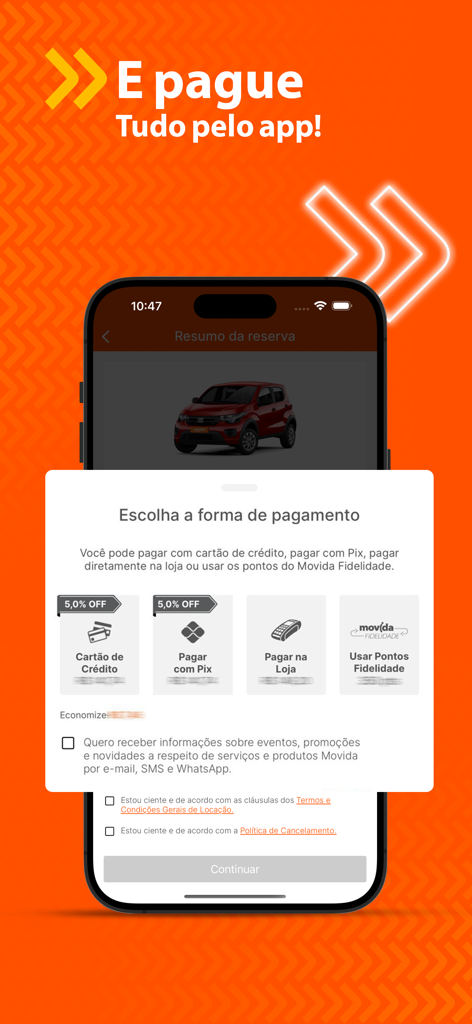 신용카드, Pix, 매장 결제 및 로열티 포인트 옵션을 보여주는 Movida 렌터카 앱 결제 선택 화면.