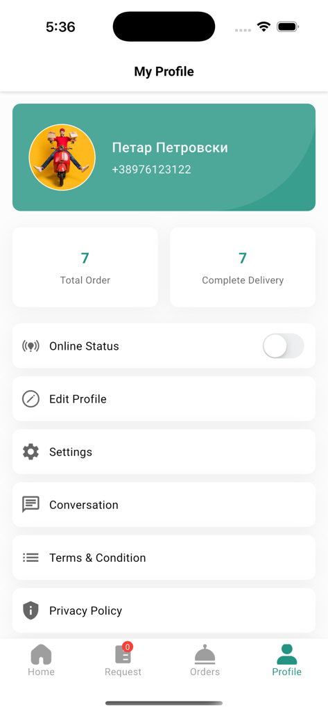 DeliveryHub Courier - A screenshot of the My Profile screen in the DeliveryHub Courier app showing driver stats and account settings