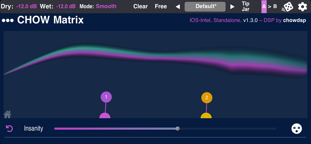 ChowMatrix - User interface of ChowMatrix AUv3 modular delay plugin featuring node-based sound design and visual waveforms.