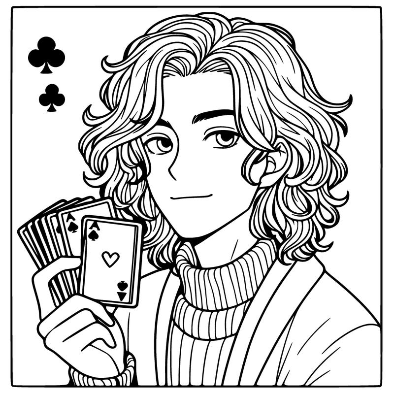young man with shoulder length wavy hair holding playing cards