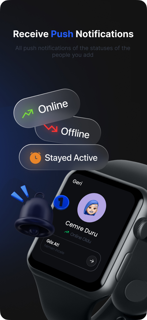 Eine Smartwatch, die Echtzeit-Push-Benachrichtigungen von der wLog App für den Online- und Offline-Status von Familienmitgliedern anzeigt.