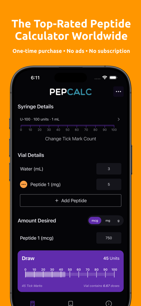 PepCalc app screen displaying syringe and vial details for calculating peptide dosage units