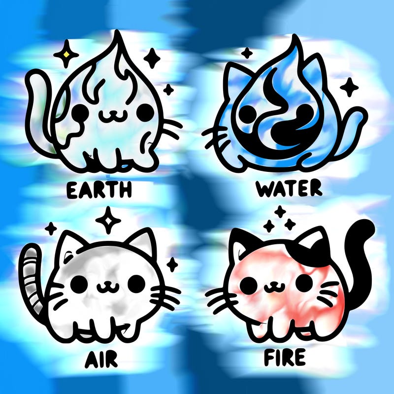 4 cats that represent the different elements, earth, water, air, and fire