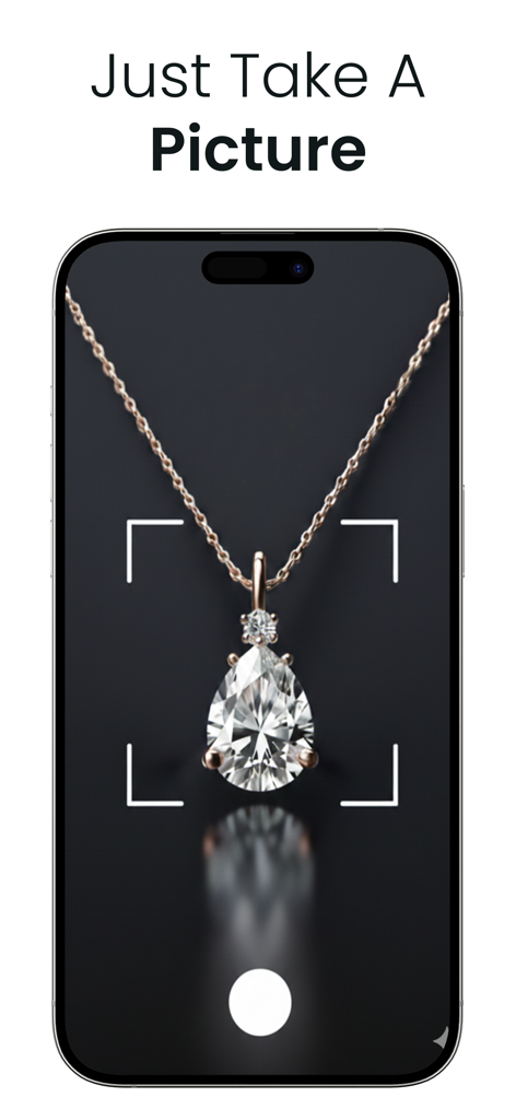 Jewelry - Antique Identifier - Visor de cámara de un smartphone capturando un collar con colgante de diamante en forma de pera para identificación por IA