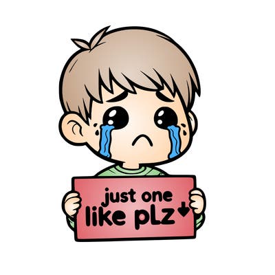 realistic crying boy with a sign saying just one like plz