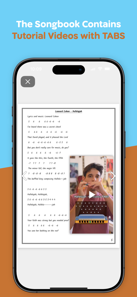 Learn Harmonica In 7 Days - A smartphone screen displaying harmonica tabs and a tutorial video for the song Hallelujah.