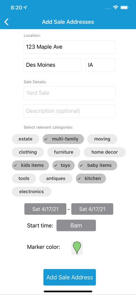 Uma tela no aplicativo Mapa de Tesouros de Venda de Garagem mostrando um formulário para adicionar um local de venda com tags de categoria e seleção de data.